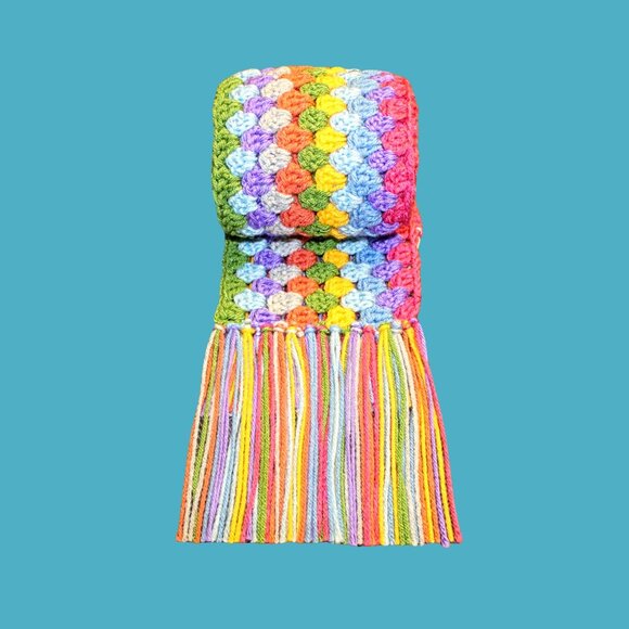 Bold Colorful Hand Crocheted Scarf with Fringe | Winter Accessory for Cozy Style - Picture 6 of 7